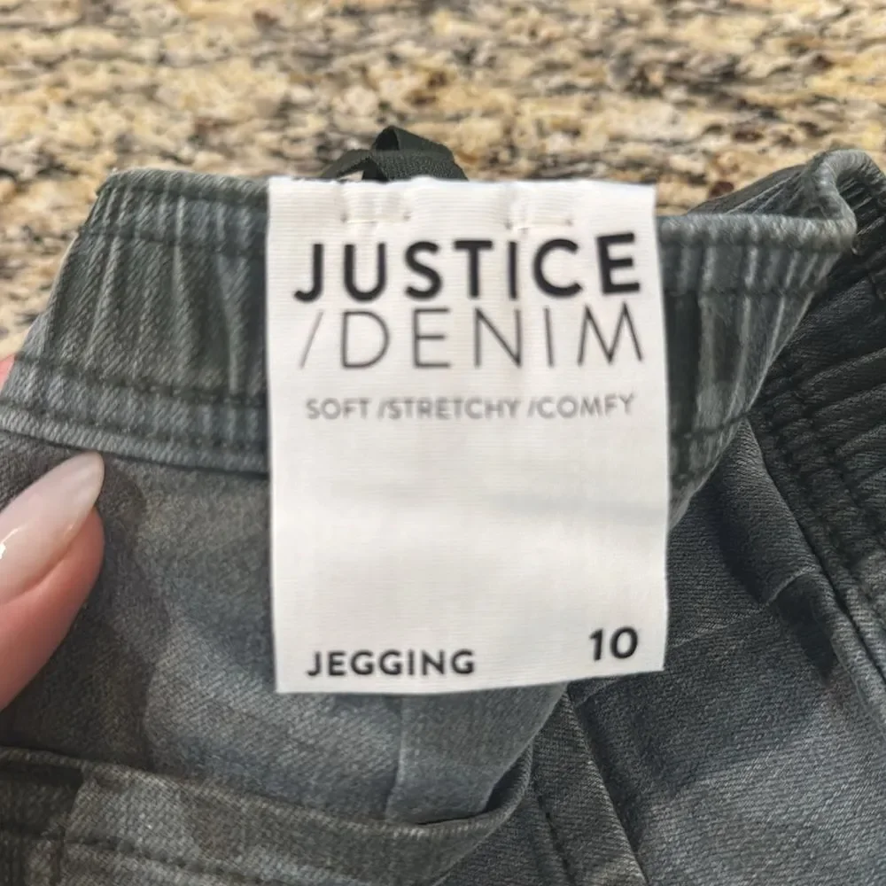 Justice Gray Camouflage Kids Jeans jeggings soft comfy stretchy tie waist sz 10
